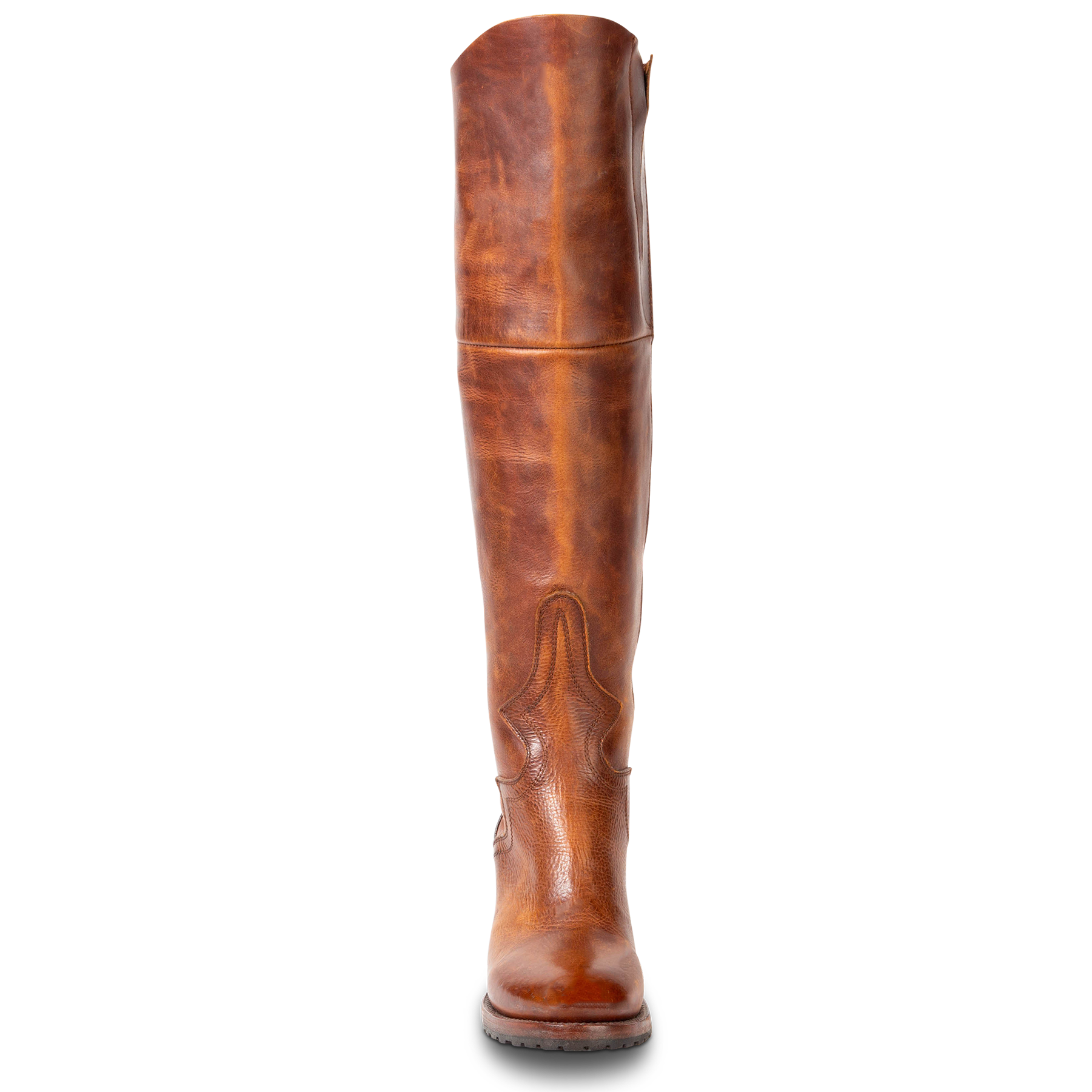 Front view showing tall shaft and stitch detailing on FREEBIRD women's Calgary cognac tall leather boot