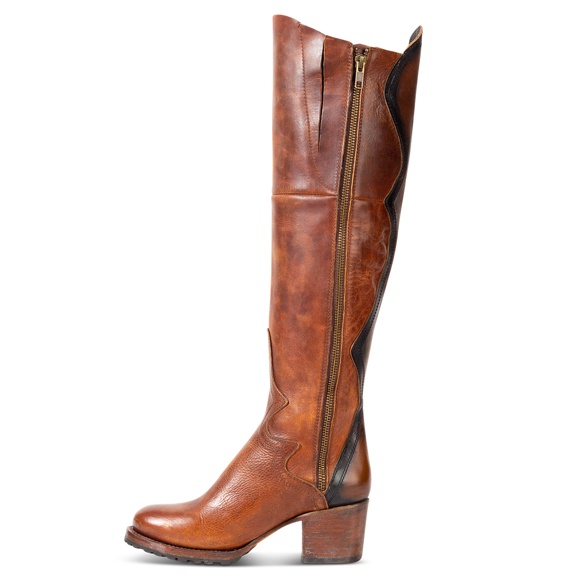 Inside view showing working brass zip closure on FREEBIRD women's Calgary cognac tall leather boot