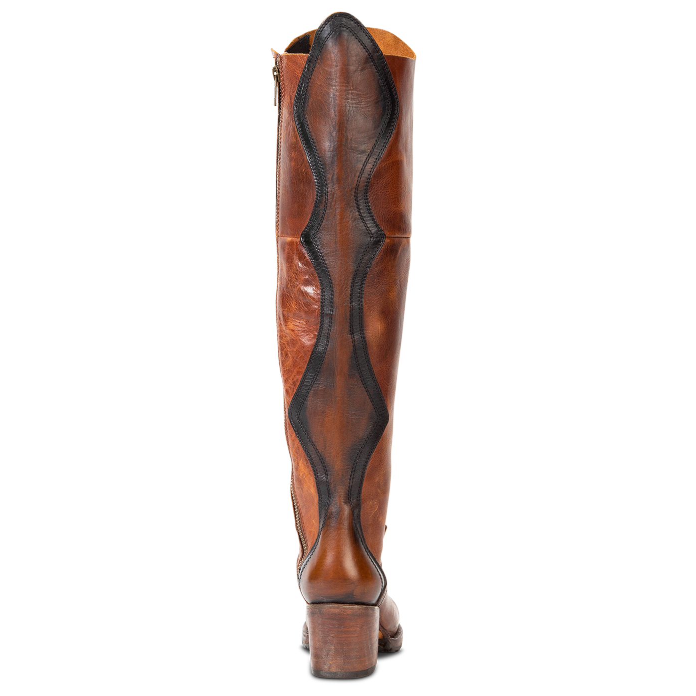 Back view showing contrasting leather panel on FREEBIRD women's Calgary cognac tall leather boot