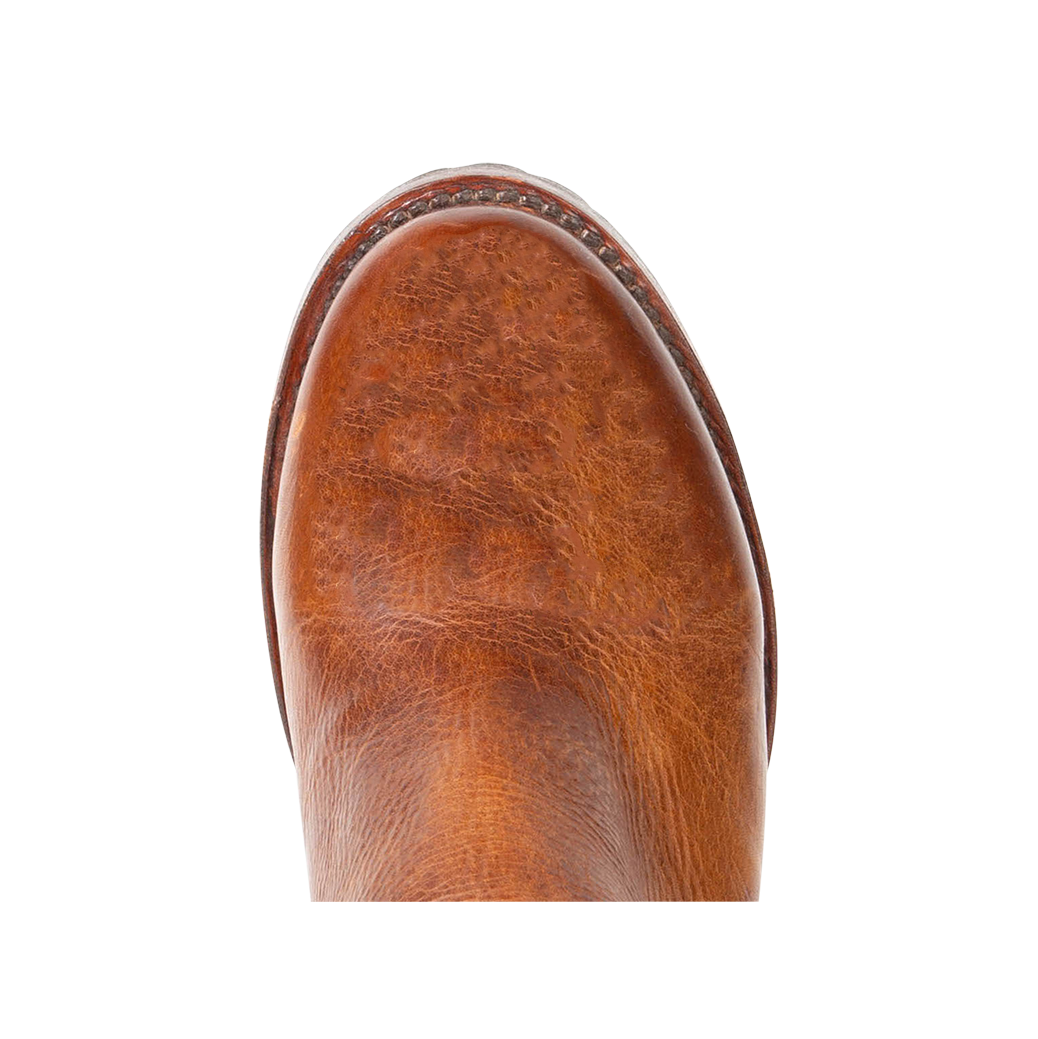Top view showing round toe on FREEBIRD women's Calgary cognac tall leather boot