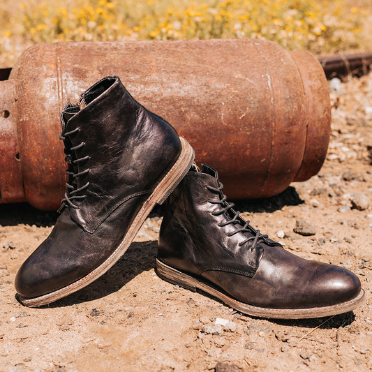 FREEBIRD men's Campbell black leather front lacing ankle boot with inside brass zip closure