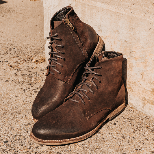 FREEBIRD men's Campbell brown suede front lacing ankle boot with inside brass zip closure