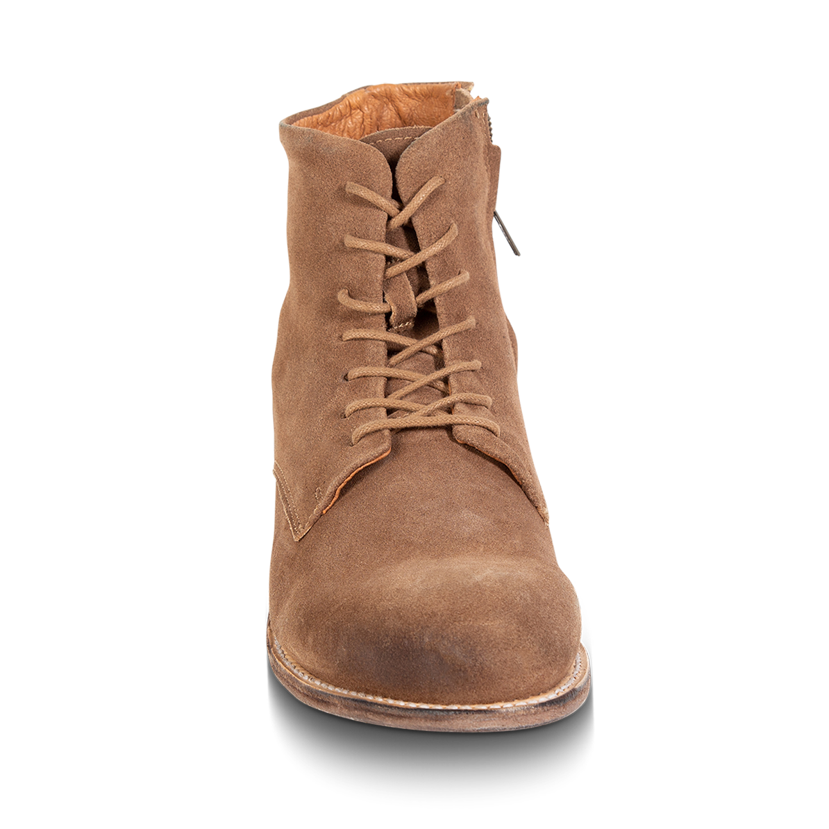 Front view showing suede tongue construction and adjustable leather lace closure on FREEBIRD men's Campbell tan suede shoe