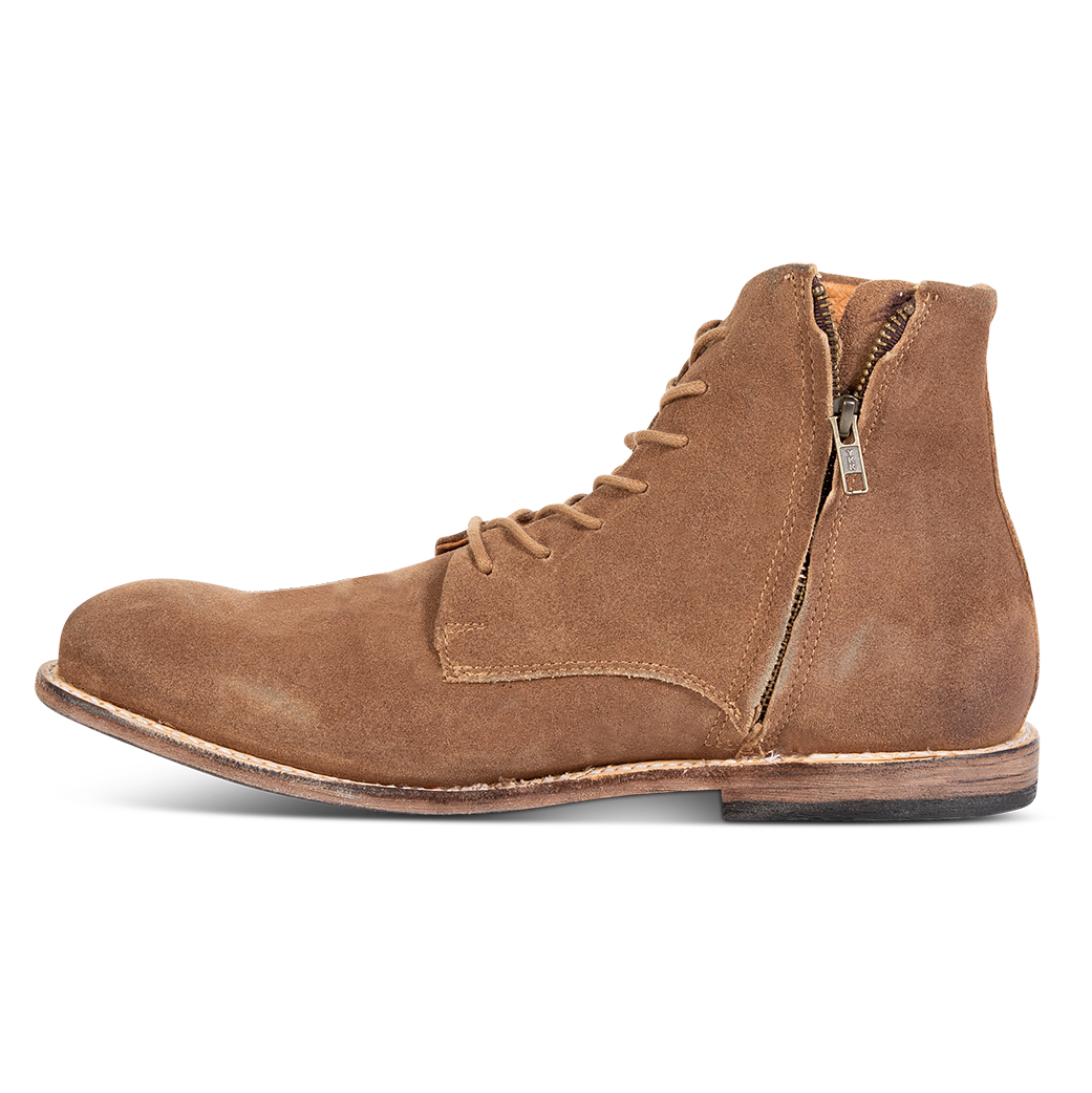Inside view showing brass working zip closure and stitch detailing on FREEBIRD men's Campbell tan suede shoe