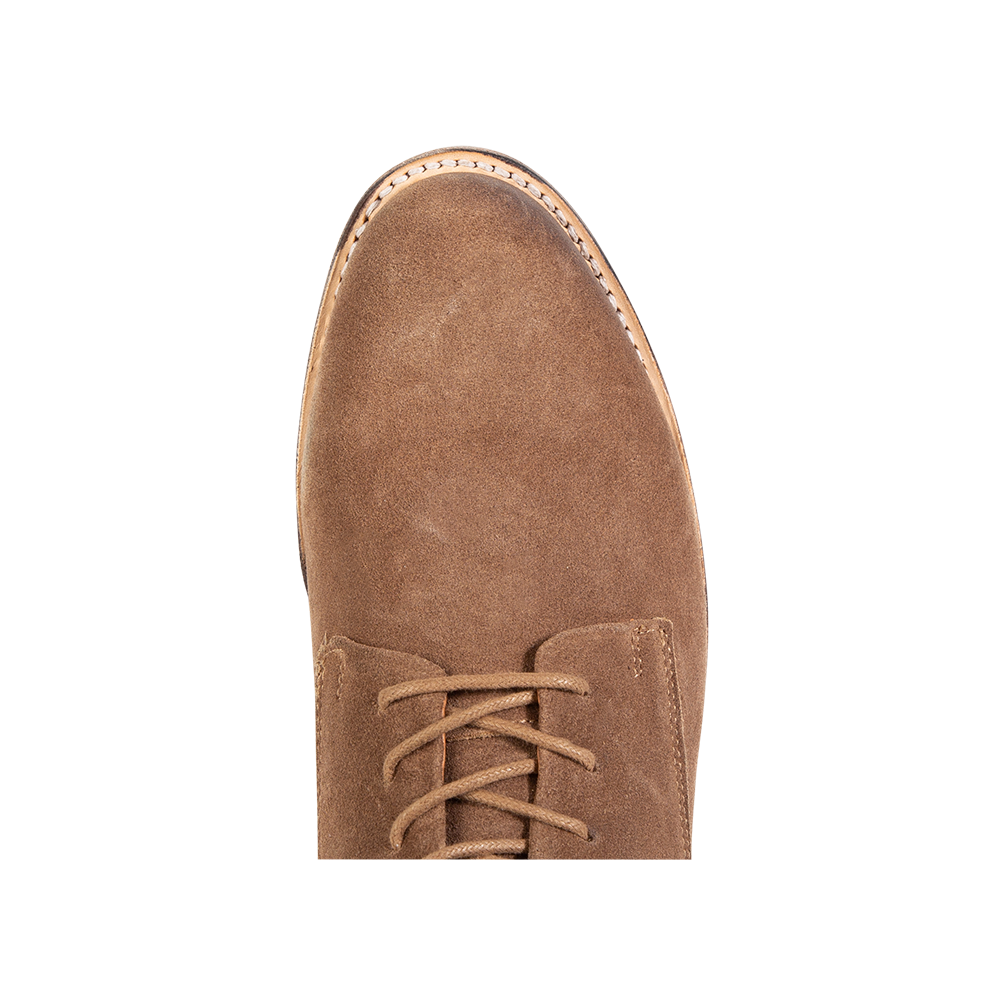 Top view showing round toe and leather lacing on FREEBIRD men's Campbell tan suede shoe
