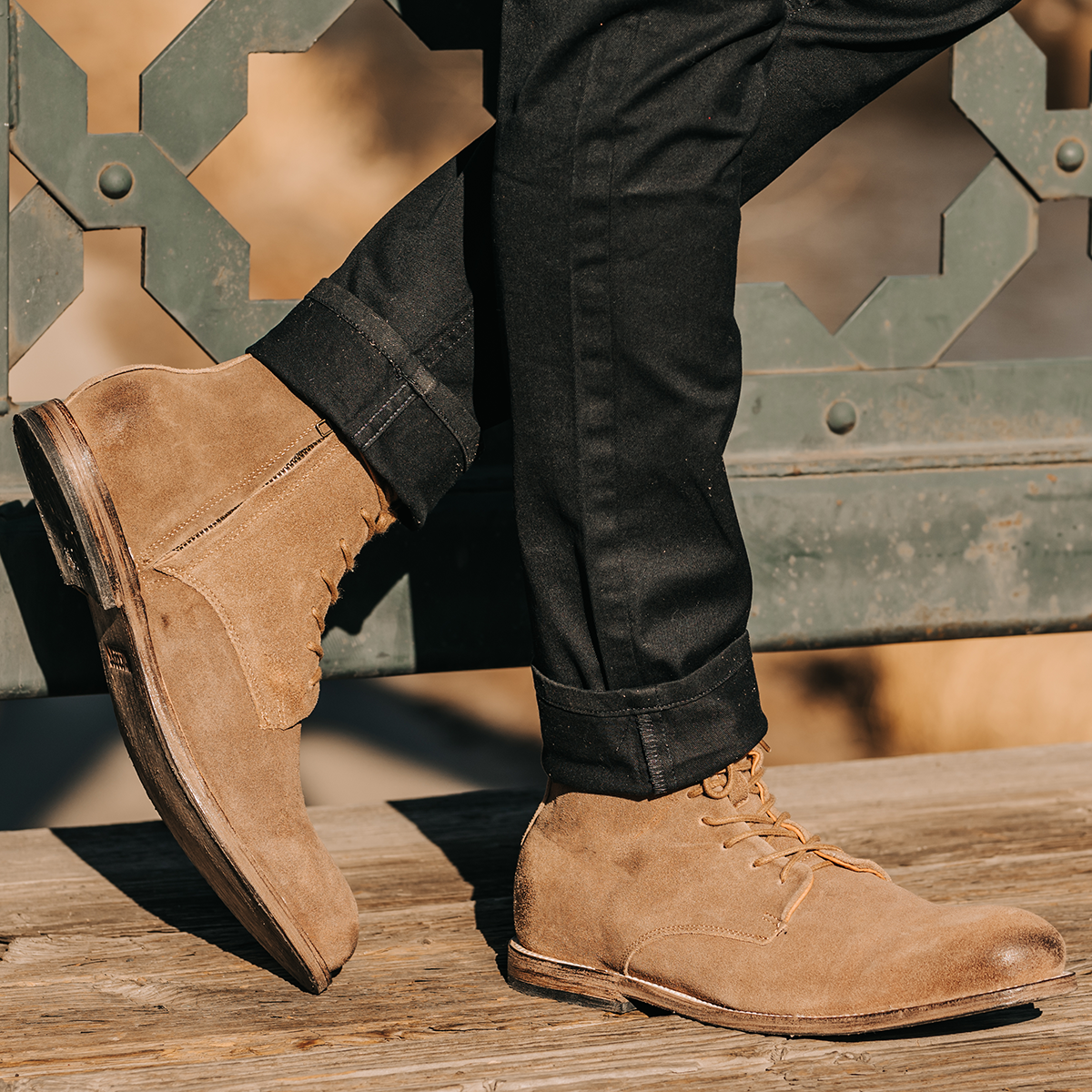 FREEBIRD men's Campbell tan suede front lacing ankle boot with inside brass zip closure