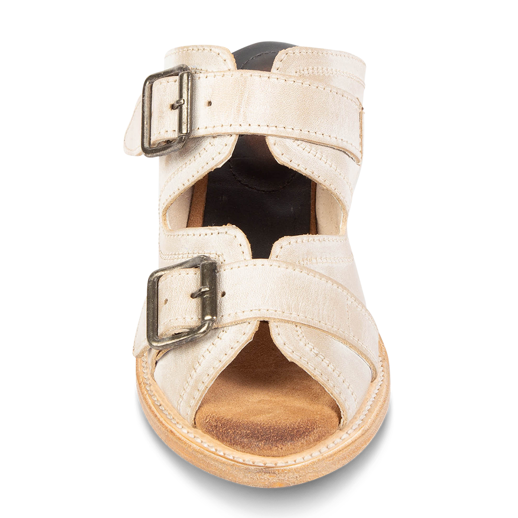 Front view showing double adjustable buckle straps FREEBIRD women's Caprice beige sandal
