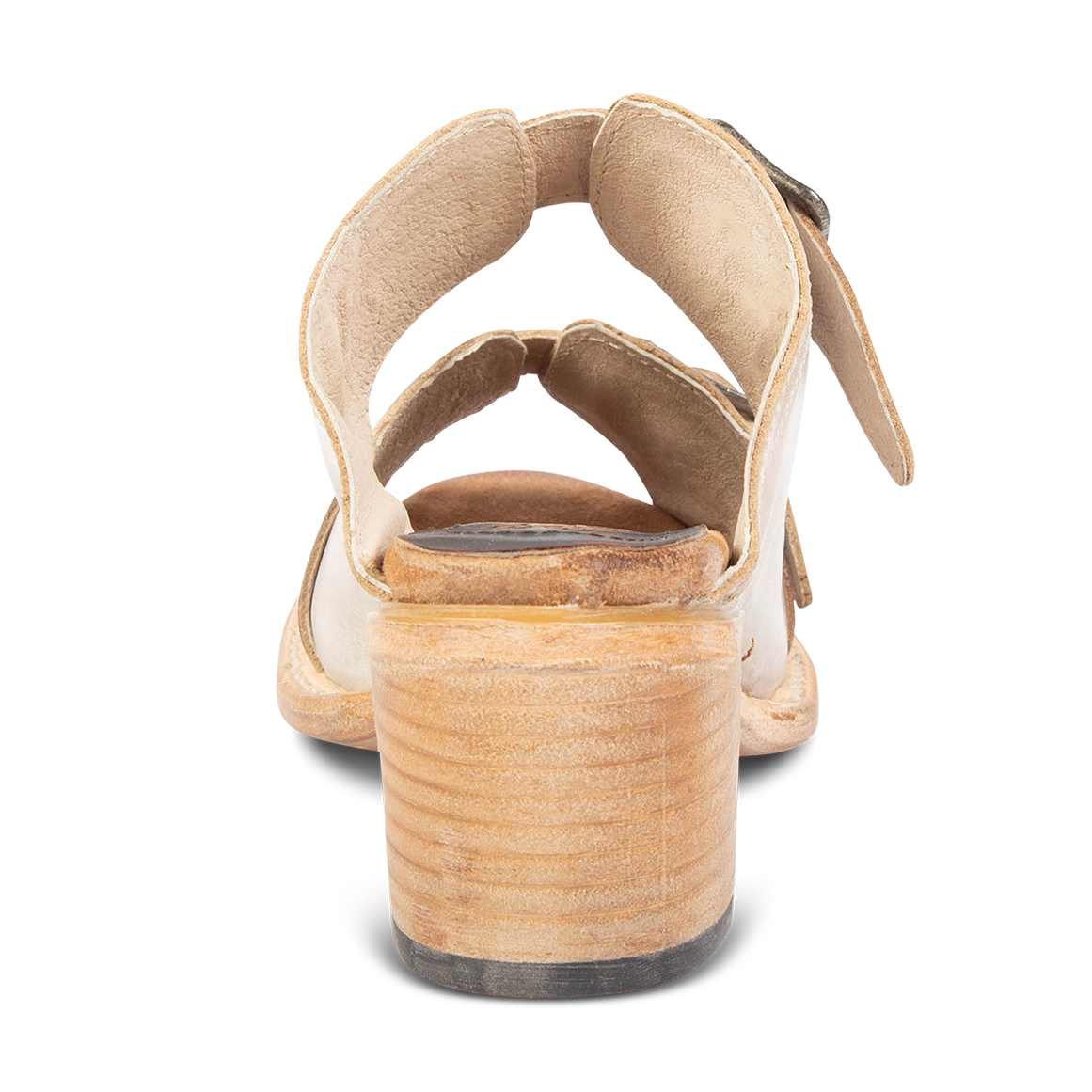 Back view showing leather buckle strap detailing FREEBIRD women's Caprice beige sandal