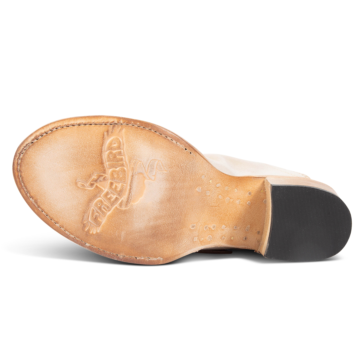 Leather sole imprinted with FREEBIRD on women's Caprice beige sandal