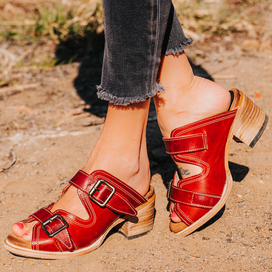 FREEBIRD women's Caprice red open slide on sandal with double adjustable double buckles