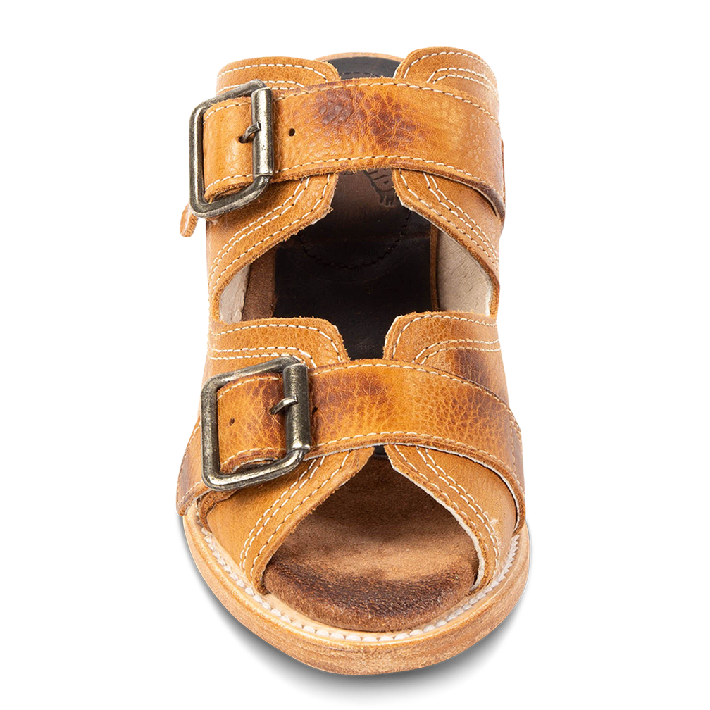 Front view showing double adjustable buckle straps FREEBIRD women's Caprice wheat sandal