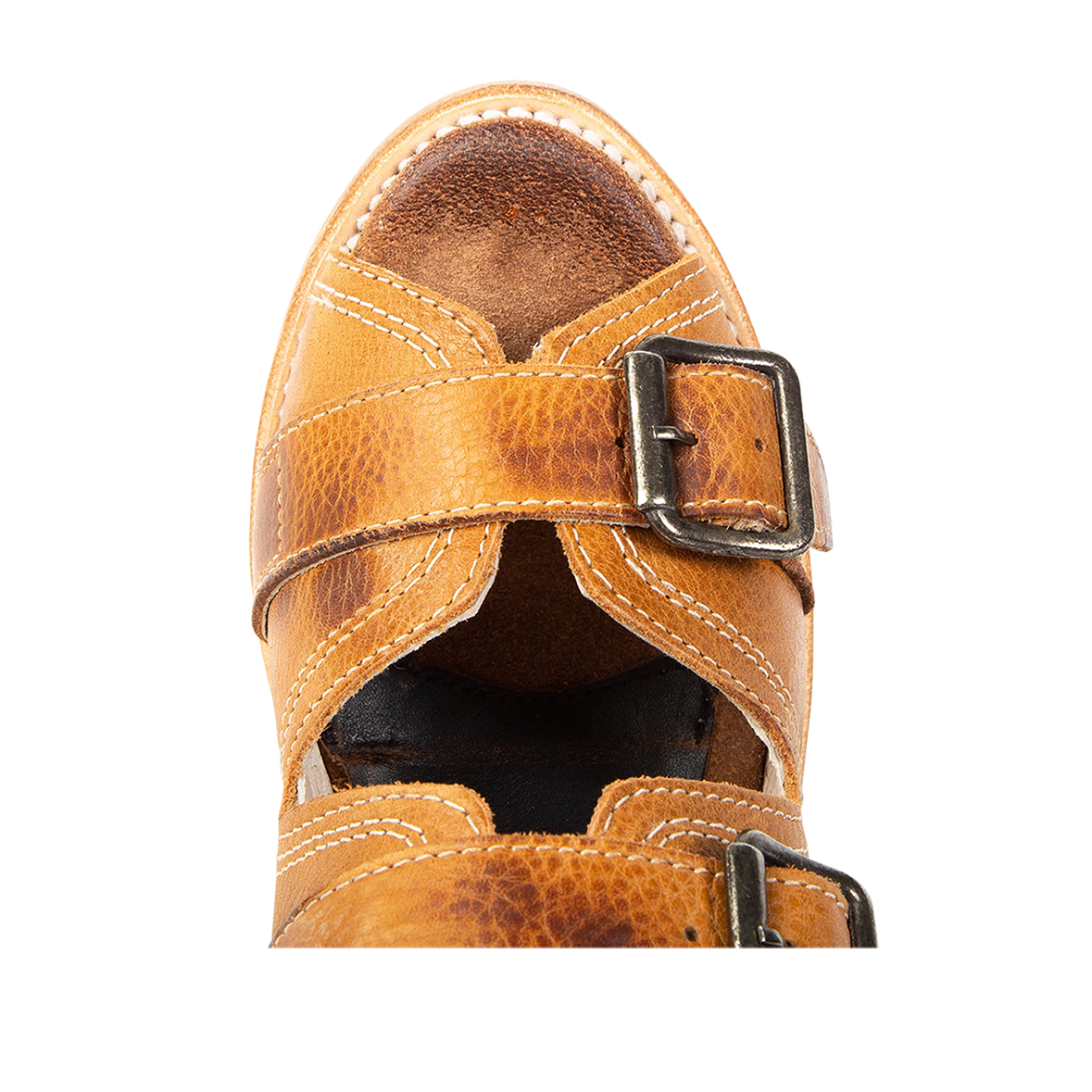 Top view showing leather strap buckle detailing FREEBIRD women's Caprice wheat sandal