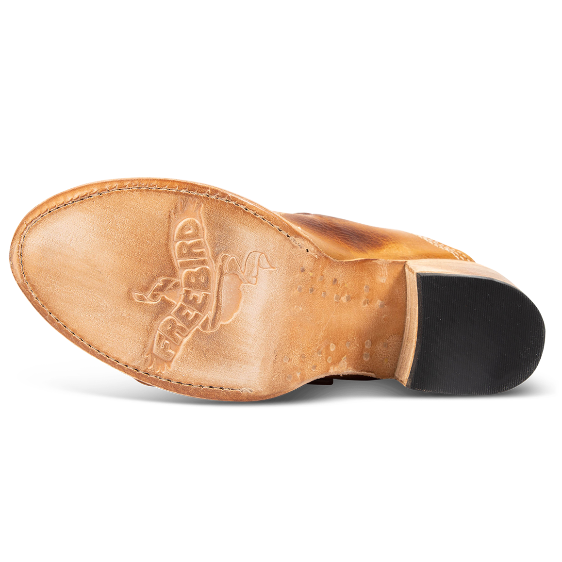 Leather sole imprinted with FREEBIRD on women's Caprice wheat sandal