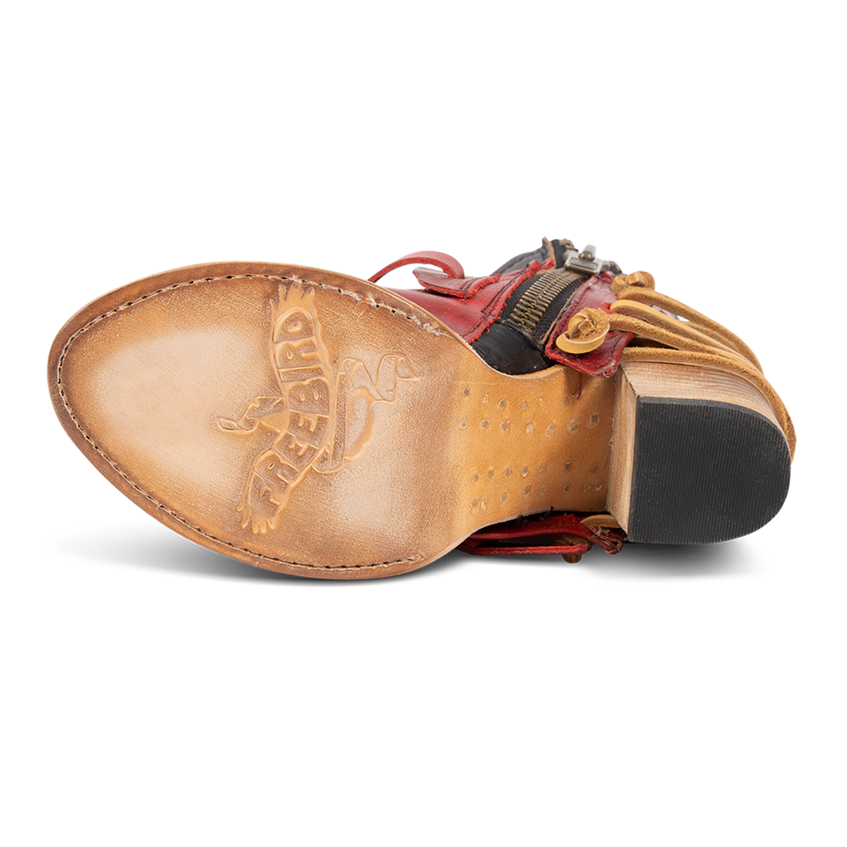 Leather sole imprinted with FREEBIRD on women's Carterr red multi sandal