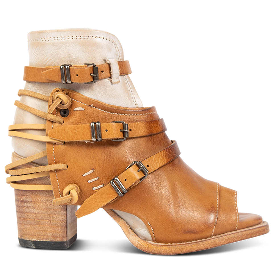 FREEBIRD women's Carterr tan multi sandal with back lacing and a front dip