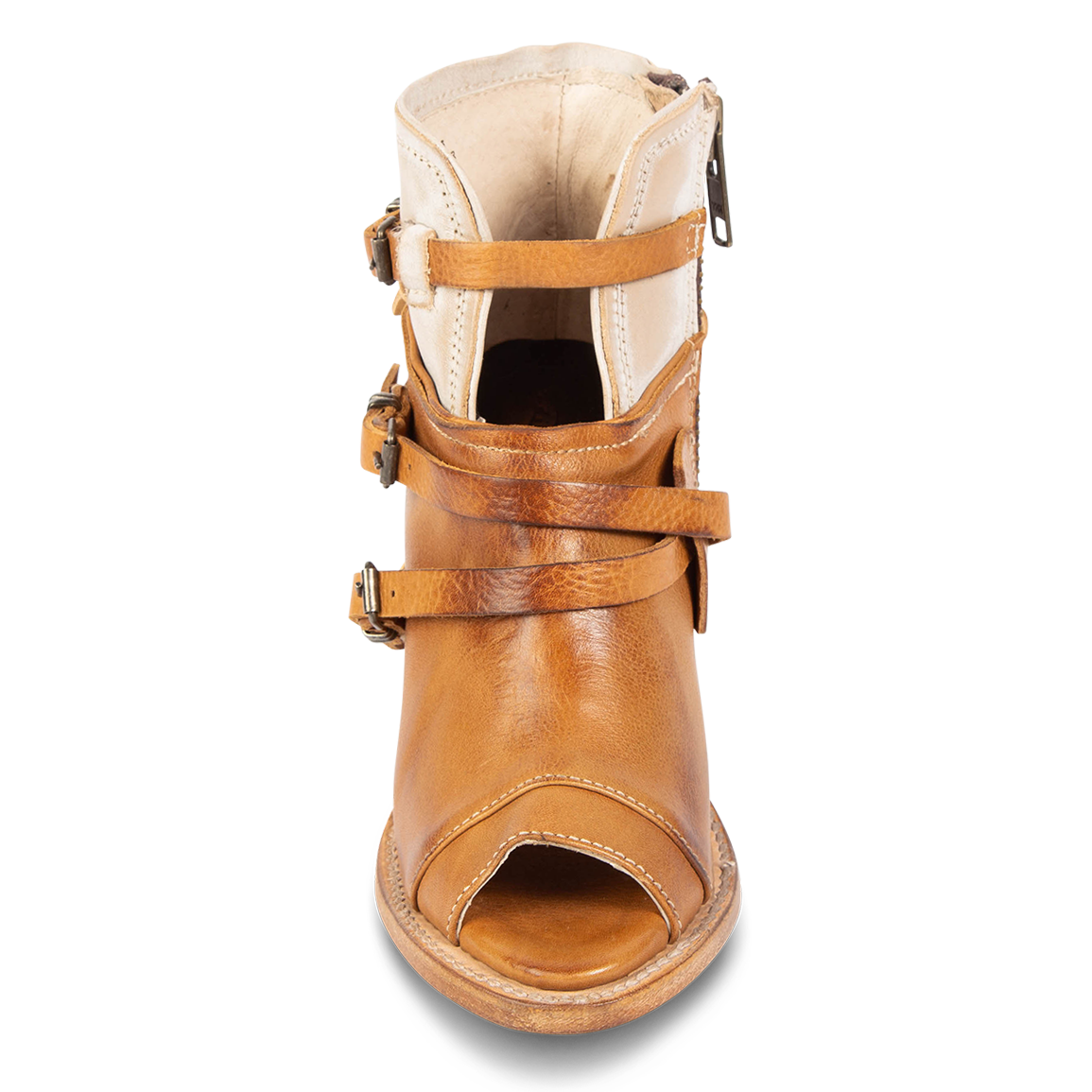 Front view showing cutout and leather ankle strap FREEBIRD women's Carterr tan multi sandal