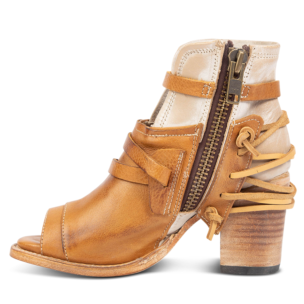 Inside view showing working brass zip closure on FREEBIRD women's Carterr tan multi sandal