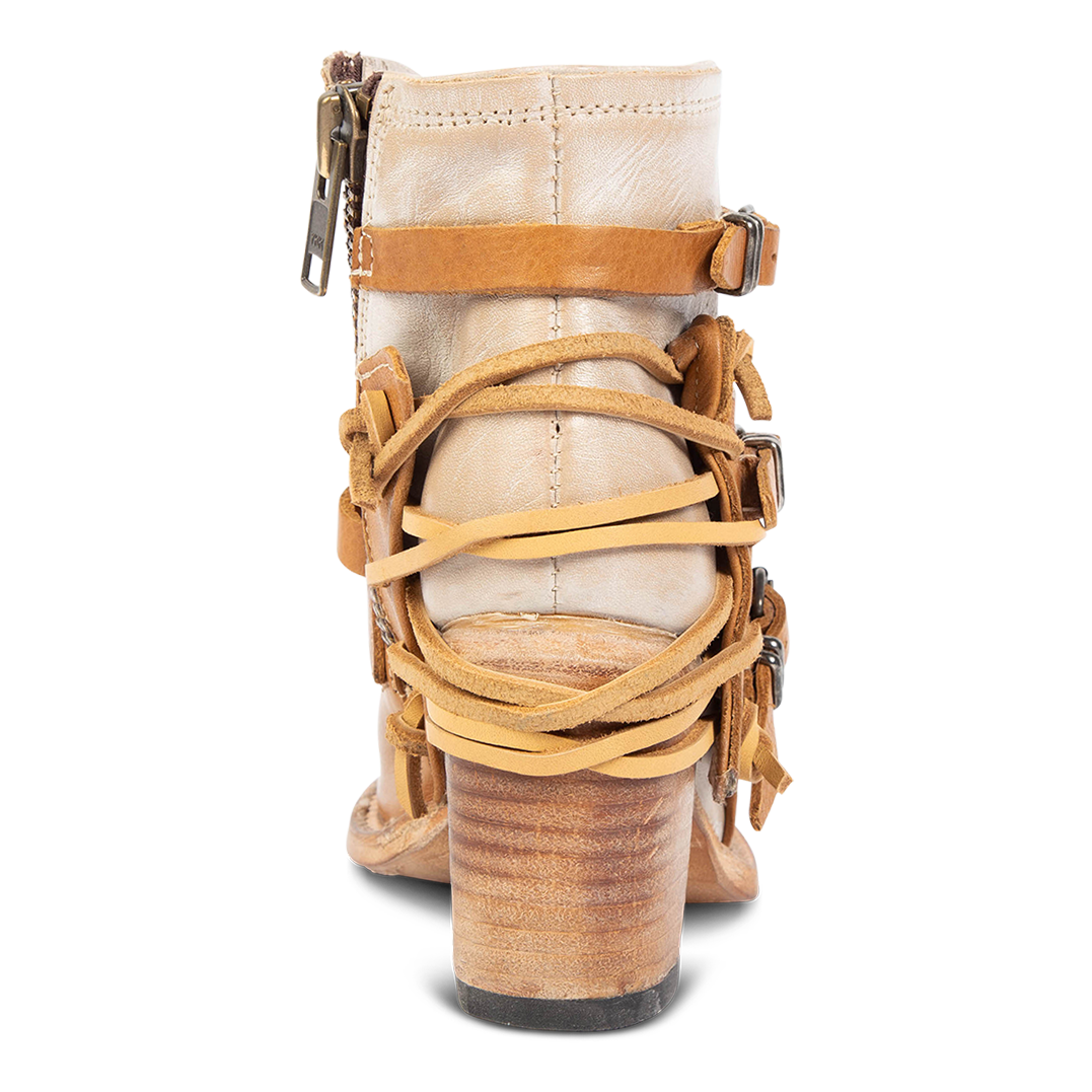 Back view showing black leather lacing and wood wrapped heel on FREEBIRD women's Carterr tan multi sandal