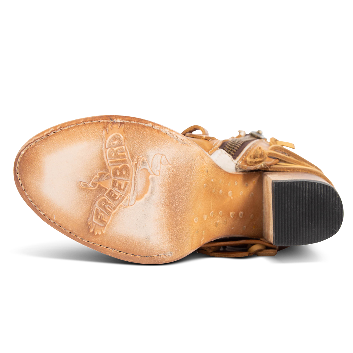 Leather sole imprinted with FREEBIRD on women's Carterr tan multi sandal