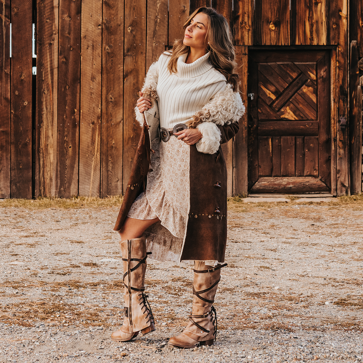 FREEBIRD women's Cassius beige multi strappy tall boot with back lacing ankle overlay lifestyle image