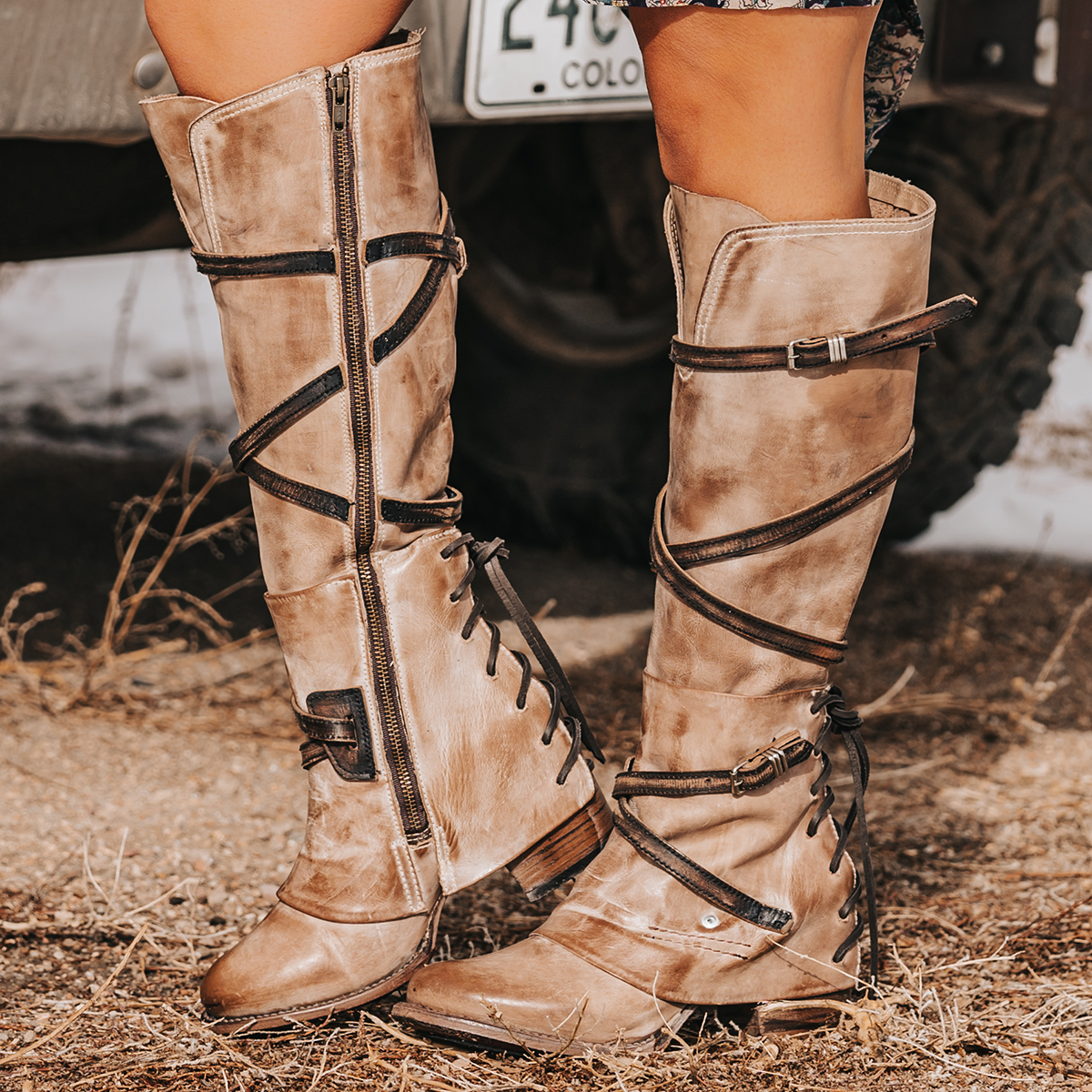 FREEBIRD women's Cassius beige multi strappy tall boot with back lacing ankle overlay