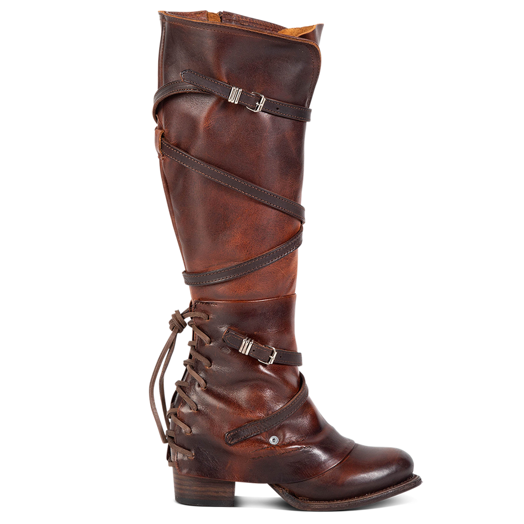 FREEBIRD women's Cassius brown distressed strappy tall boot with back lacing ankle overlay