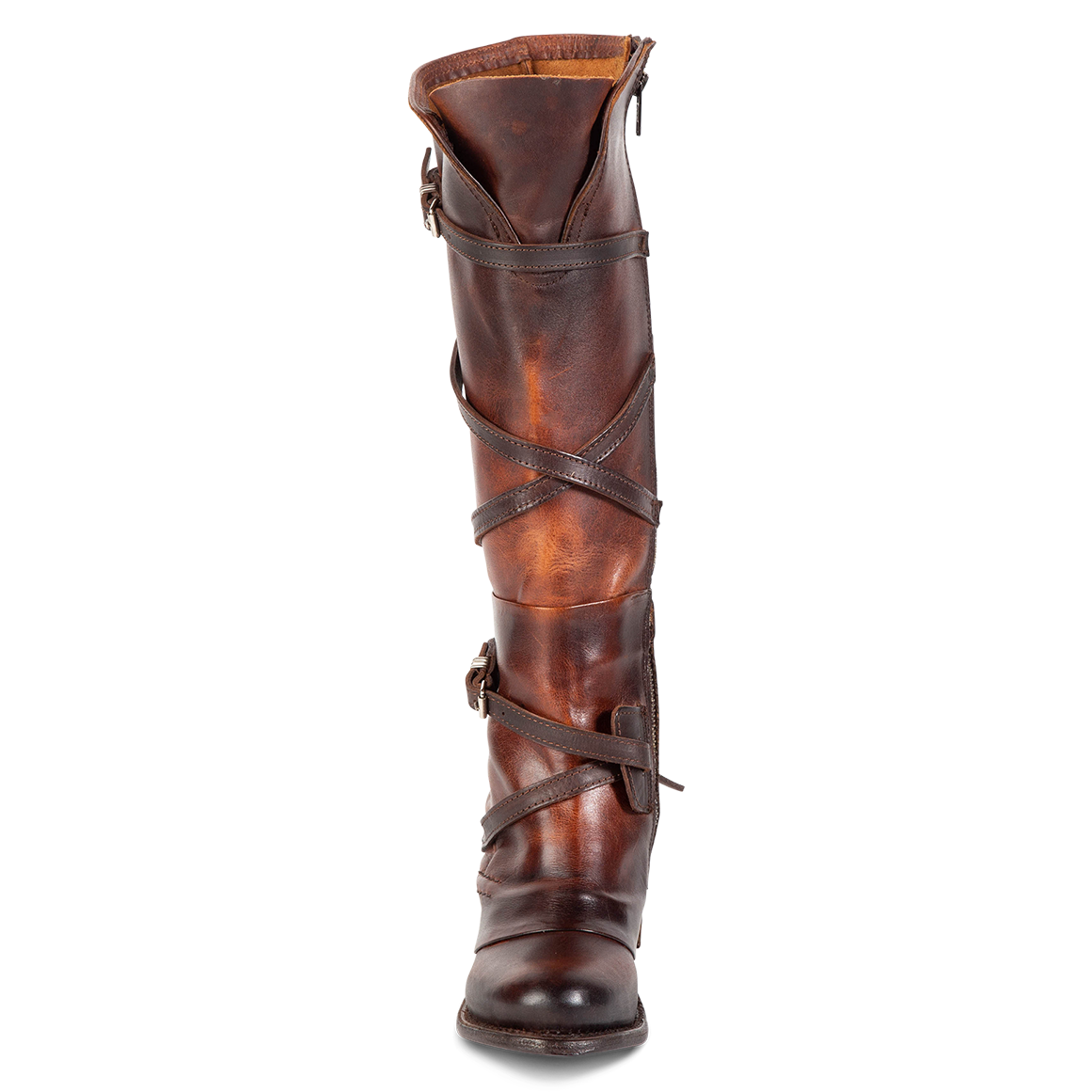 Front view showing crisscrossing leather shaft straps with silver hardware on FREEBIRD women's Cassius brown distressed tall leather boot