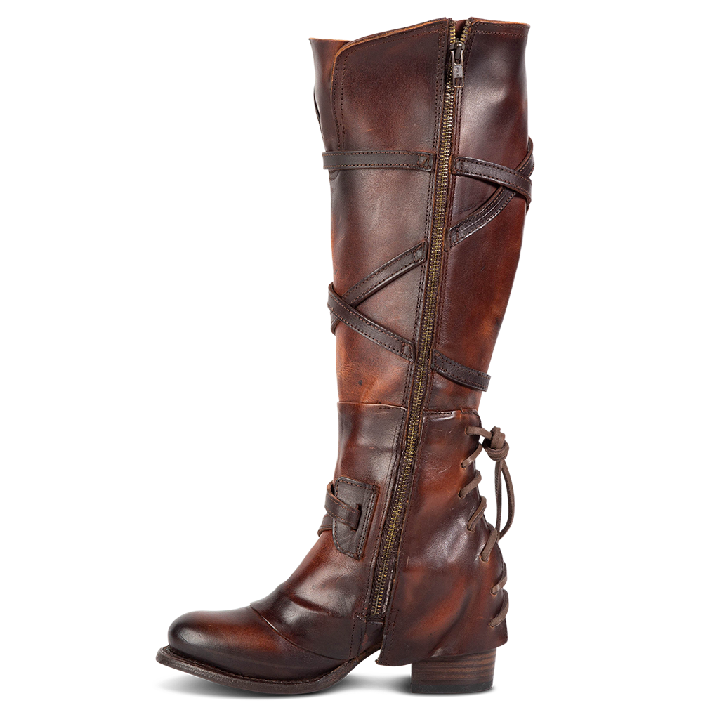 Inside view showing working brass zip closure and leather shaft straps on FREEBIRD women's Cassius brown distressed tall leather boot