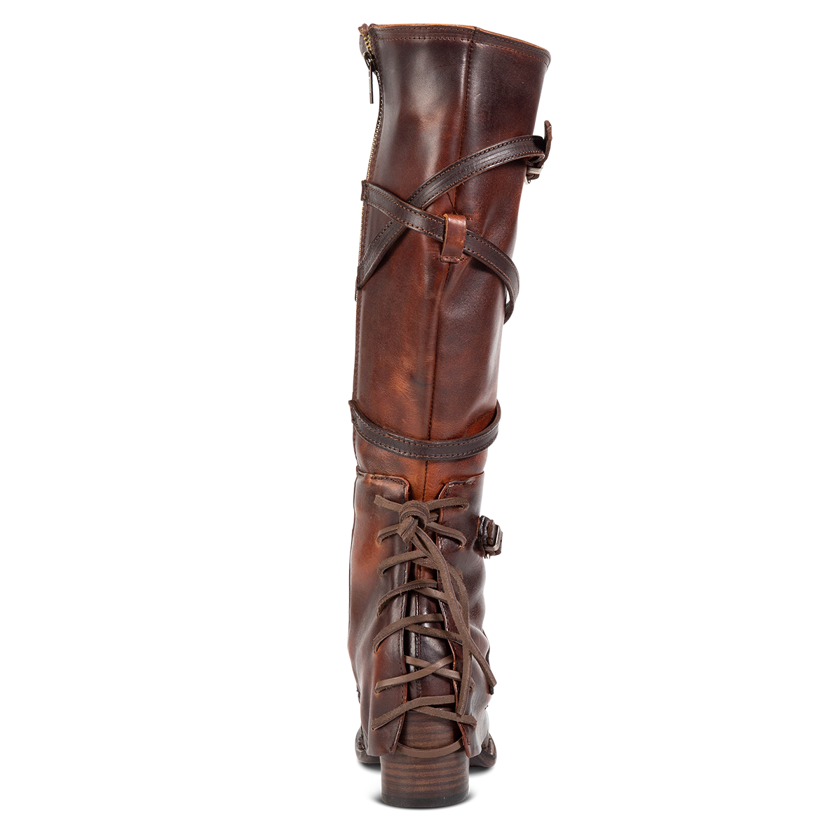 Back view showing leather shaft straps and lacing ankle overlay on FREEBIRD women's Cassius brown distressed tall leather boot