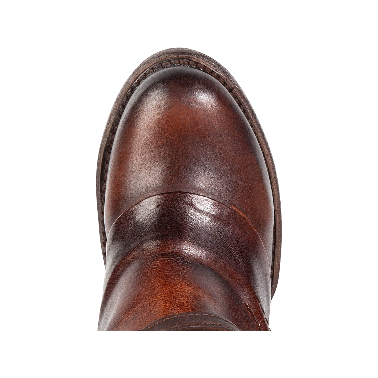 Top view showing round toe and leather ankle overlay on FREEBIRD women's Cassius brown distressed tall leather boot