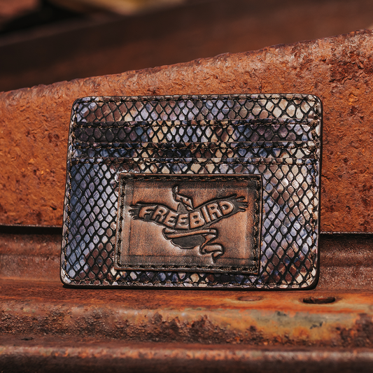 FREEBIRD CC Wallet blue multi snake cardholder featuring three cards slots