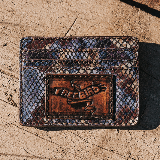 FREEBIRD CC Wallet blue multi snake cardholder featuring three cards slots