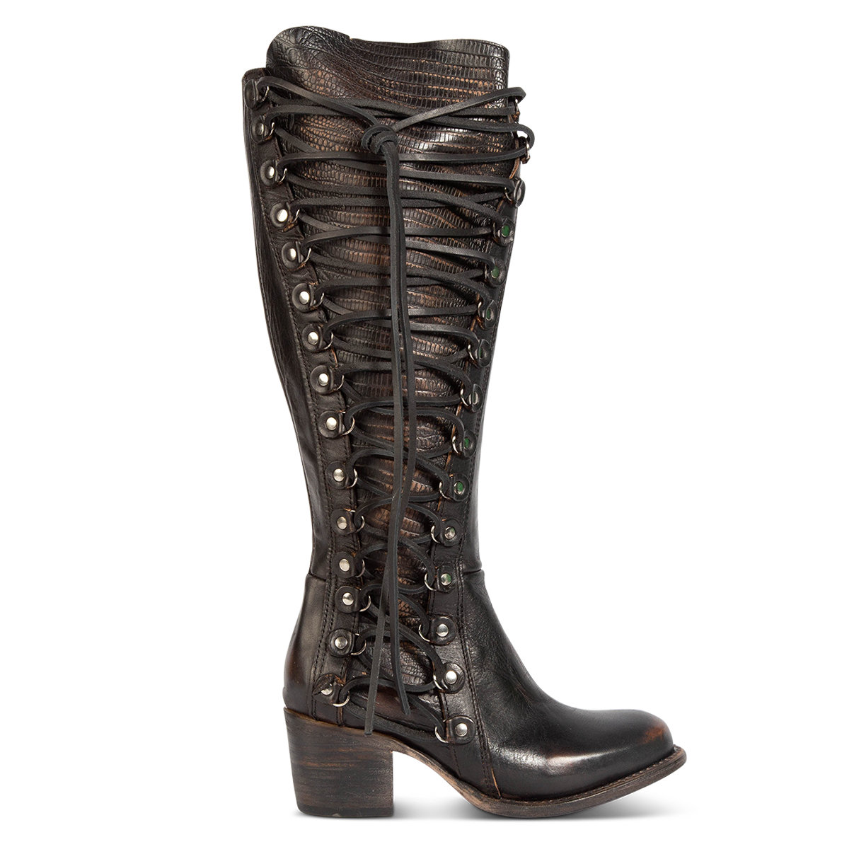 FREEBIRD women's Chapelle black multi embossed side panel adjustable leather lacing inside zip tall leather boot