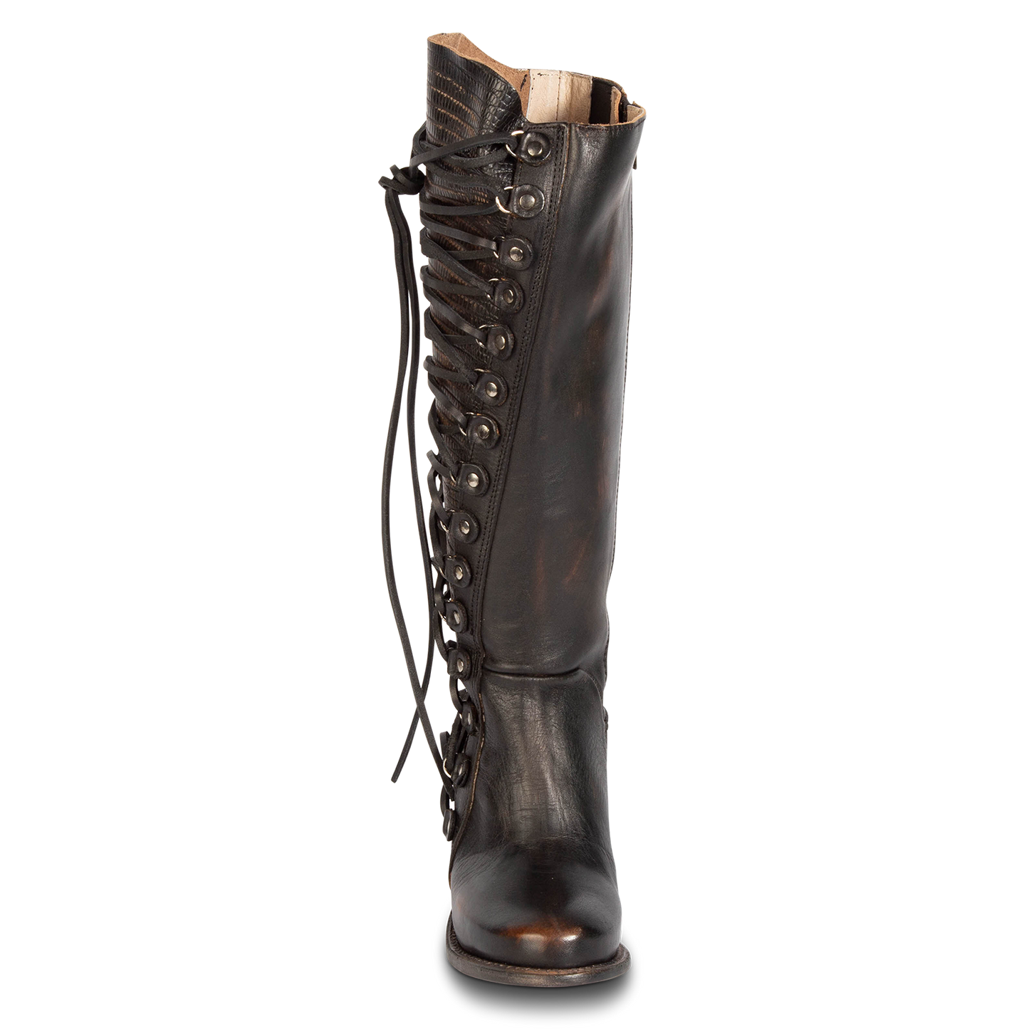 Front view showing tall leather shaft with silver hardware on FREEBIRD women's Chapelle black multi boot