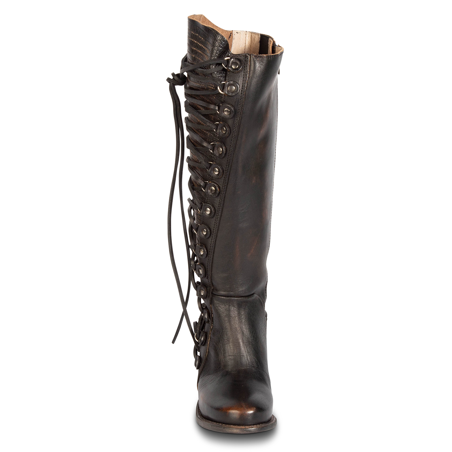 Front view showing tall leather shaft with silver hardware on FREEBIRD women's Chapelle black multi boot