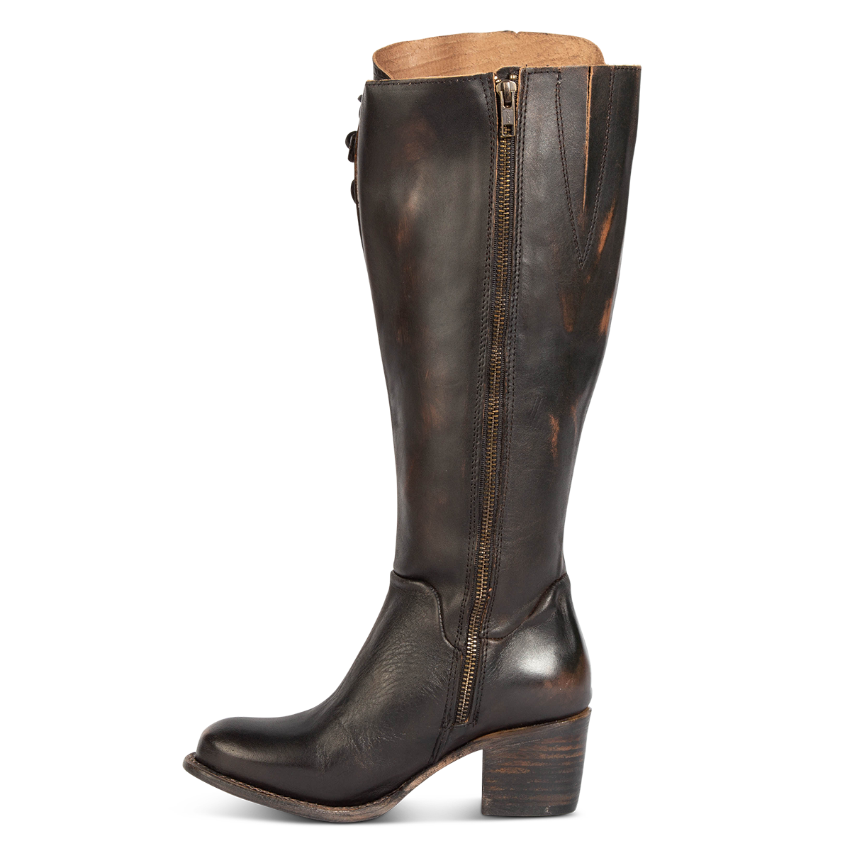 Inside view showing working brass zip closure with red leather pull tab on FREEBIRD women's Chapelle black multi boot
