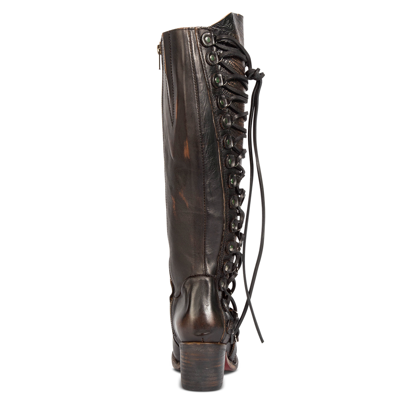Back view showing gore detailing and adjustable leather lacing with silver hardware on FREEBIRD women's Chapelle black multi boot
