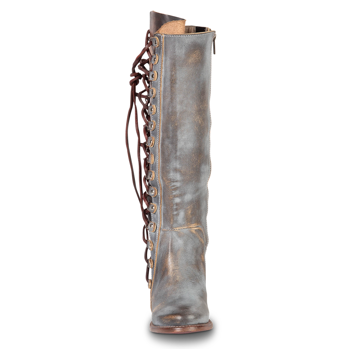 Front view showing tall leather shaft with silver hardware on FREEBIRD women's Chapelle ice multi boot