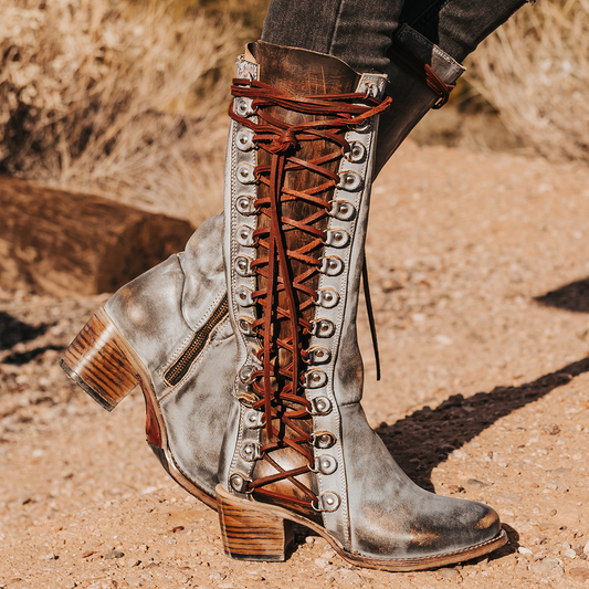 FREEBIRD women's Chapelle ice multi contrasting side panel adjustable leather lacing inside zip tall leather boot