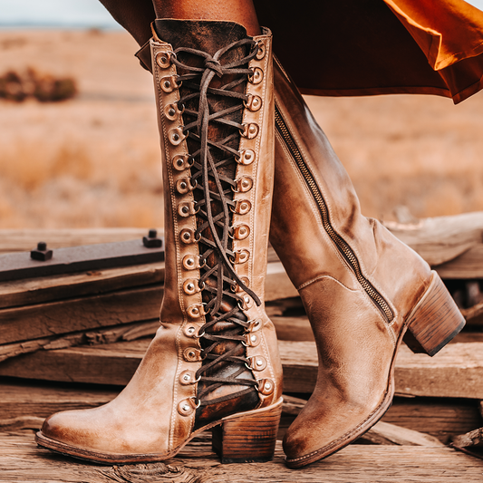 FREEBIRD women's Chapelle taupe multi contrasting side panel adjustable leather lacing inside zip tall leather boot