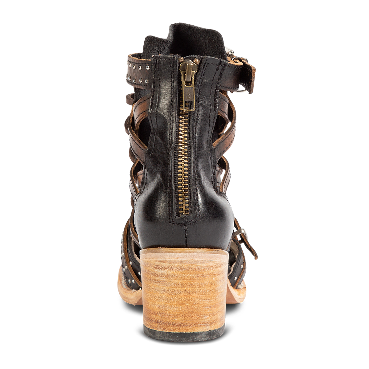 Back view showing working brass zip closure on FREEBIRD women's Cheyenne black multi bootie