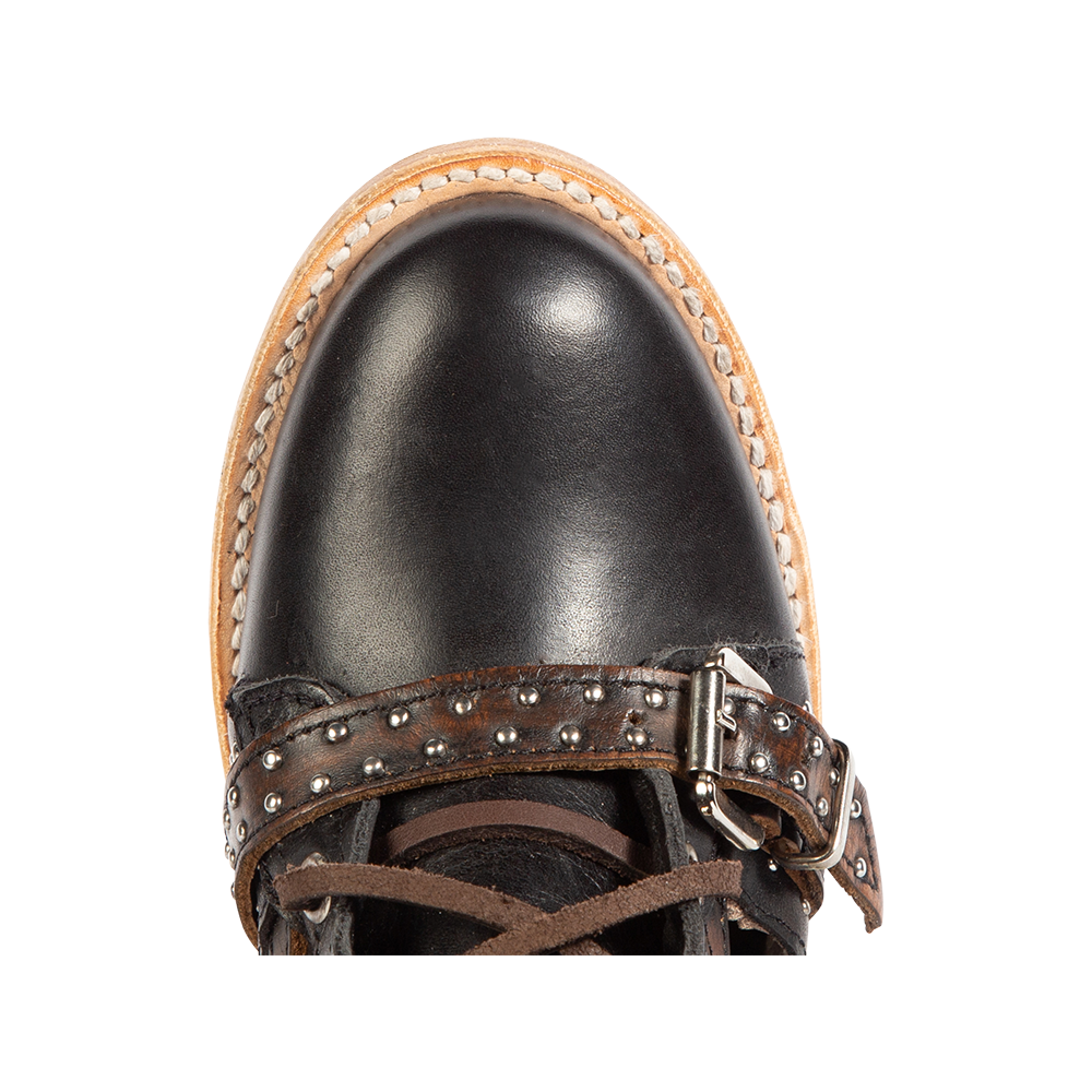 Top view showing almond toe and silver studded leather strap on FREEBIRD women's Cheyenne black multi bootie