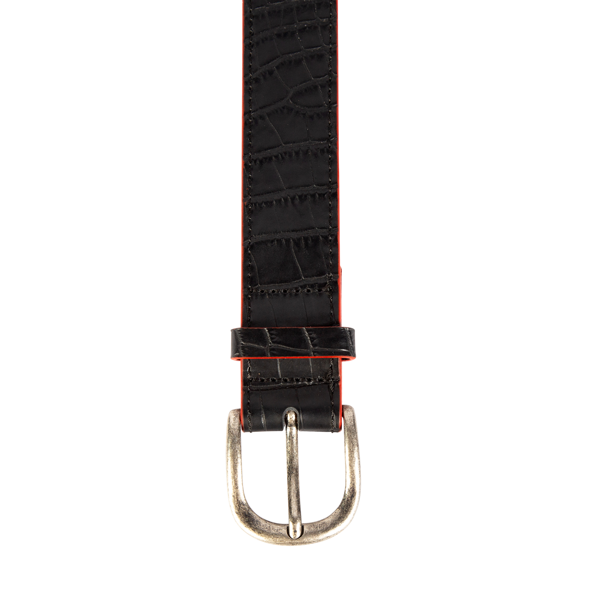 Classic black croco top view with silver buckle hardware on FREEBIRD full grain leather belt