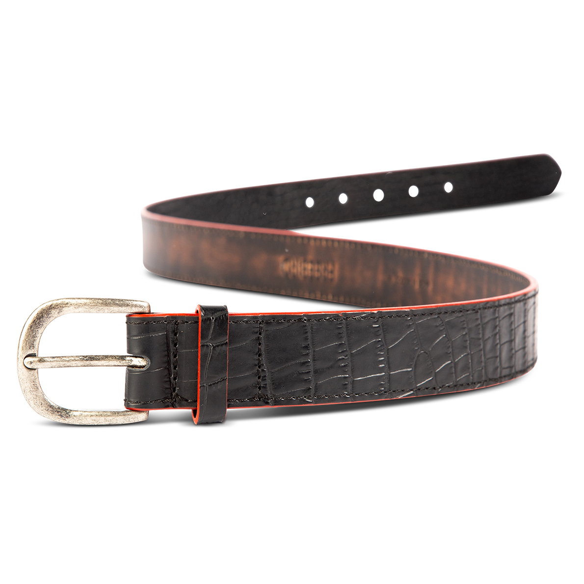 Classic black croco front view featuring silver buckle hardware on FREEBIRD full grain leather belt