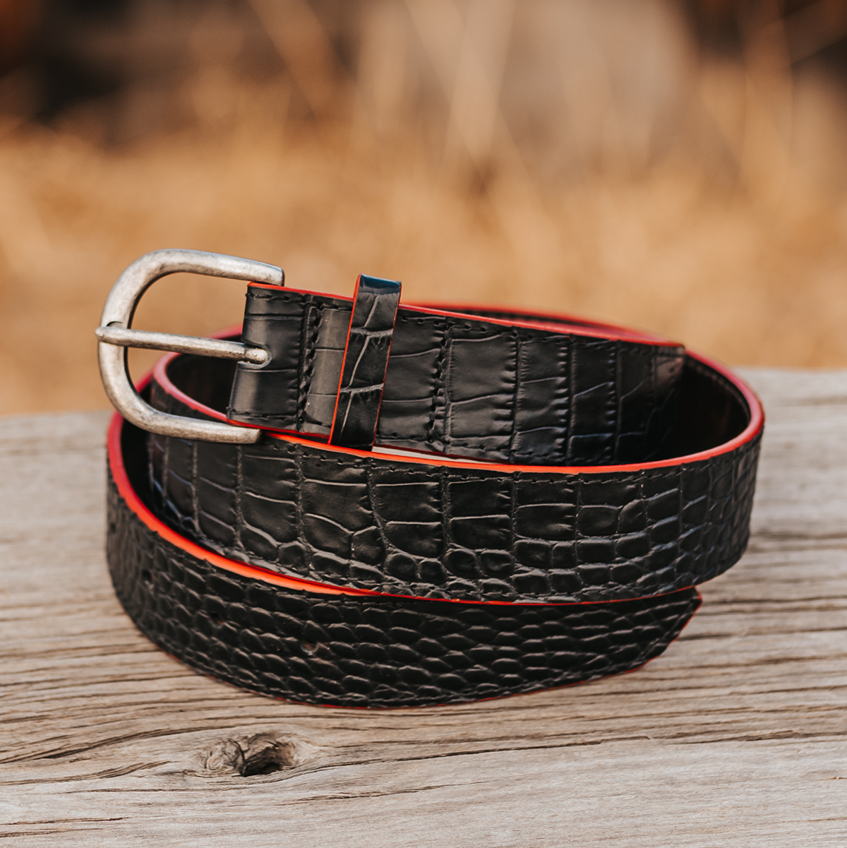 FREEBIRD Classic black croco full grain leather belt featuring silver buckle hardware