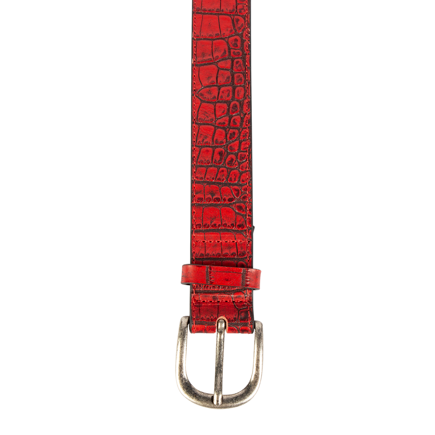 Classic red croco top view with silver buckle hardware on FREEBIRD full grain leather belt