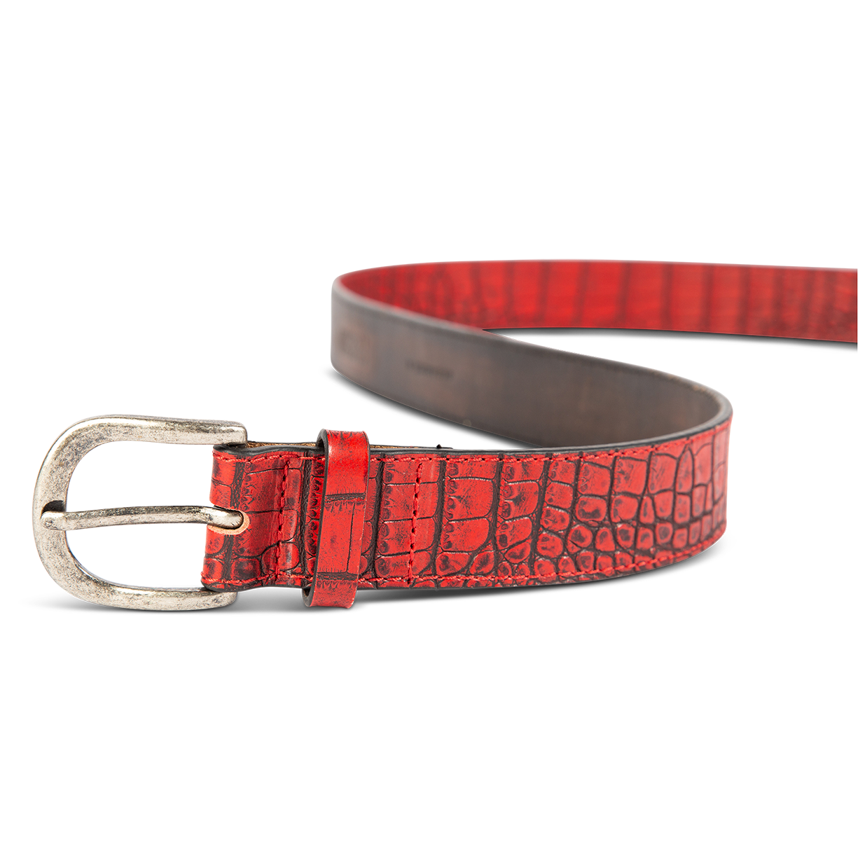 Classic red croco front view featuring silver buckle hardware on FREEBIRD full grain leather belt
