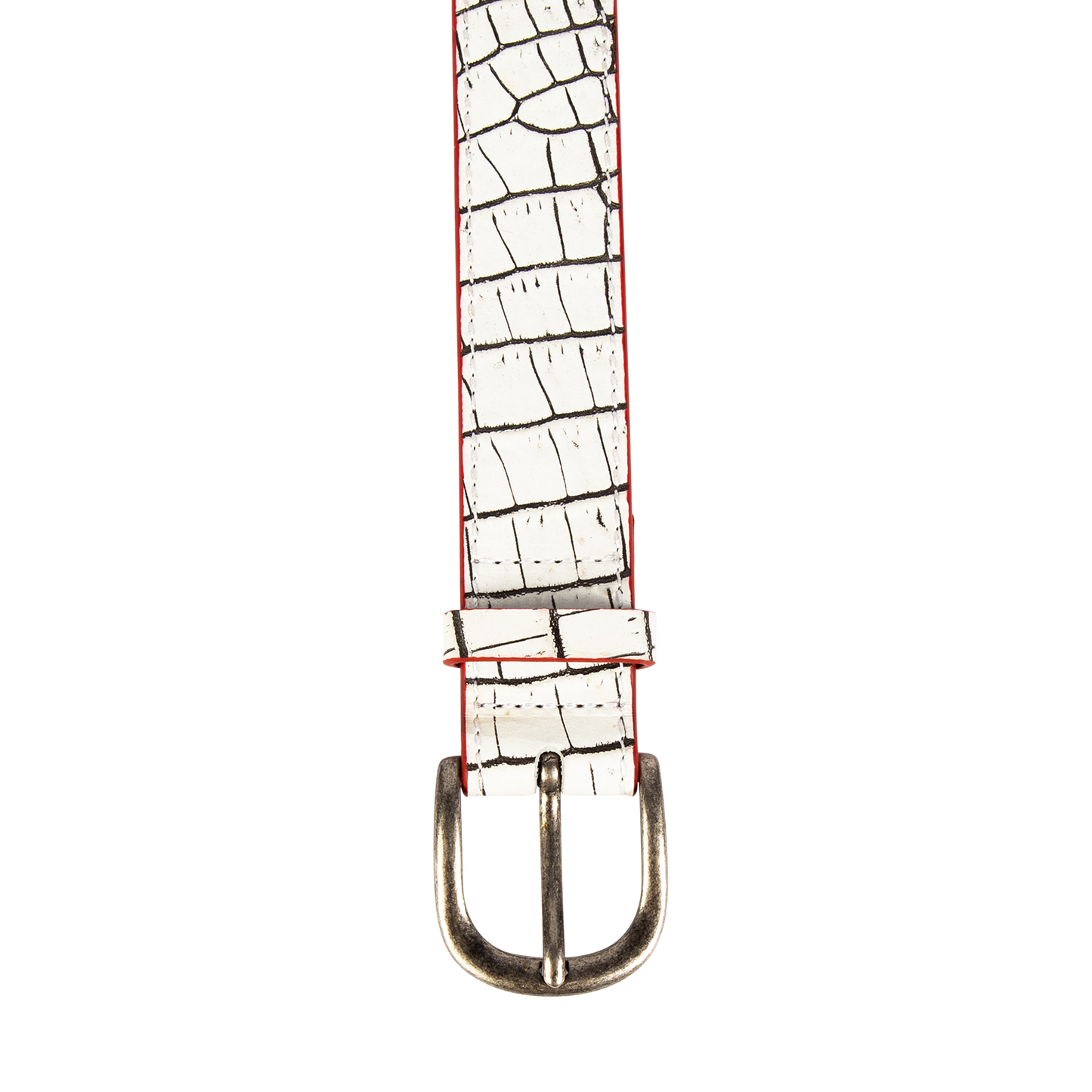 Classic white croco top view with silver buckle hardware on FREEBIRD full grain leather belt