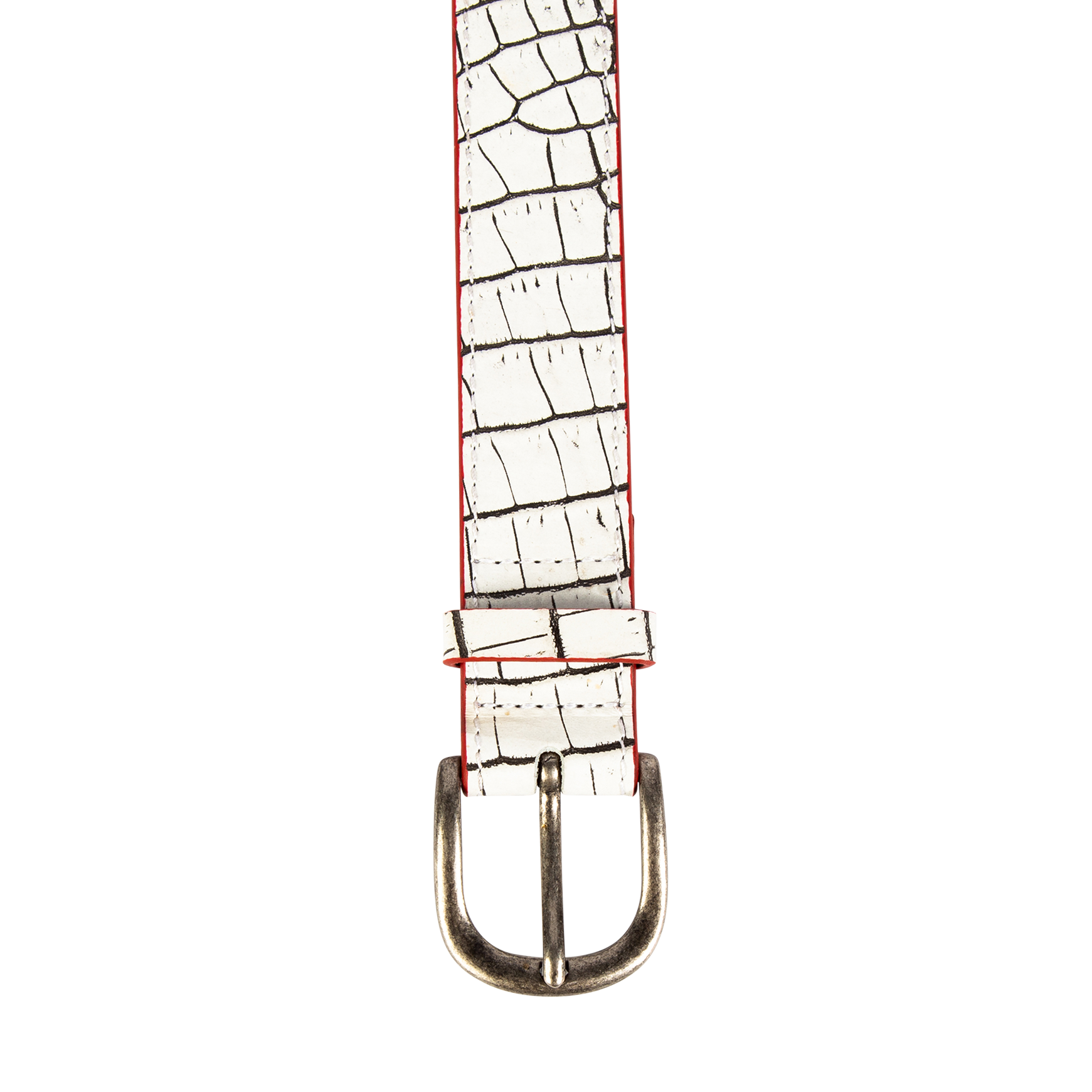 Classic white croco top view with silver buckle hardware on FREEBIRD full grain leather belt