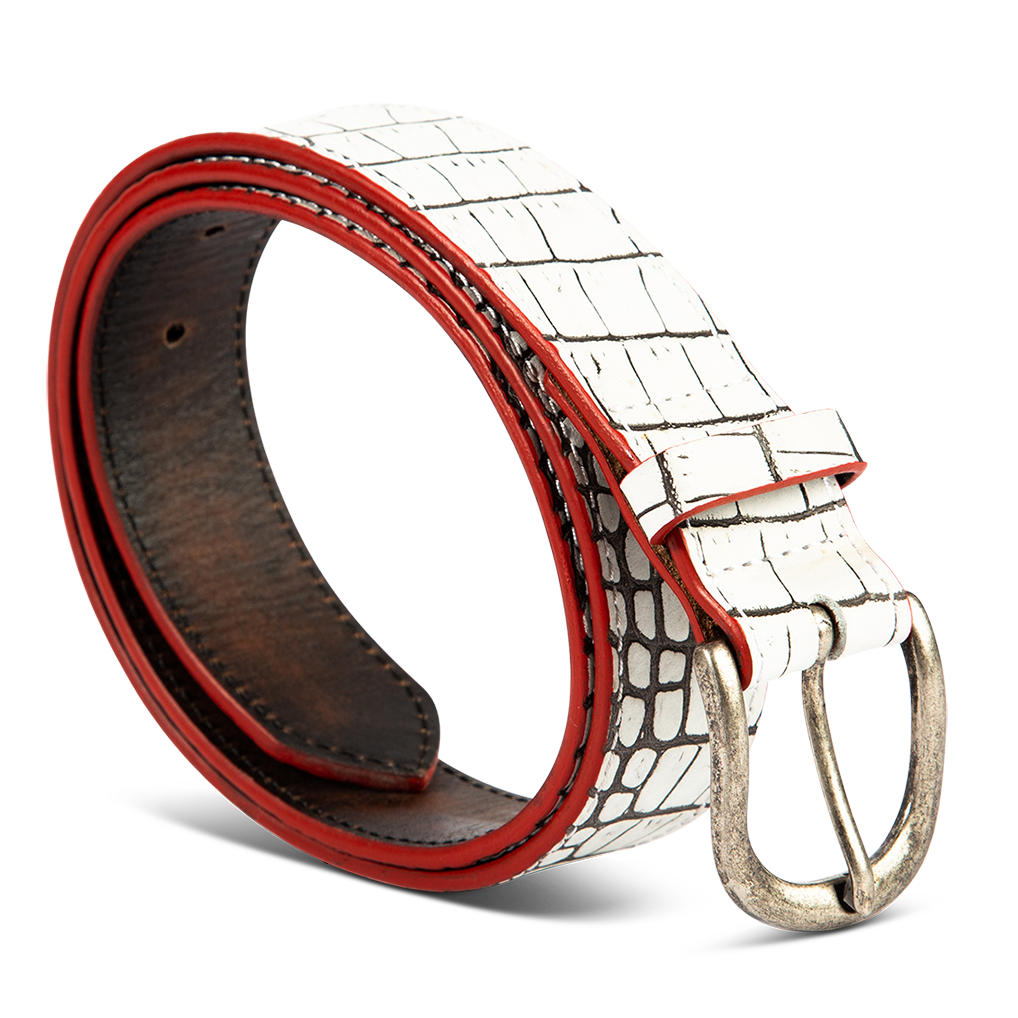 Classic white croco side view featuring silver buckle hardware on FREEBIRD full grain leather belt
